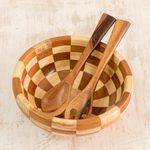 Mahogany salad serving set, 'Guatemala Checkerboard' - Checkerboard Pieced Tropical Wood Salad Bowl and Spoons