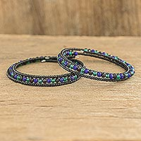 Beaded wrap bracelet, 'Beaded Night' (pair) - Black Blue and Green Beaded Steel Wire Bracelets (Pair)