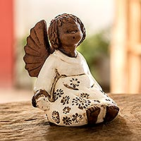 Ceramic sculpture, 'Astonished Angel' - Ceramic Female Angel Sculpture from El Salvador