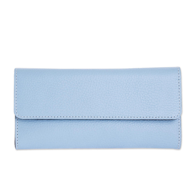 Leather wallet, 'Salvadoran Blue' - Sky Blue Leather Tri Fold Wallet With Snap Closure