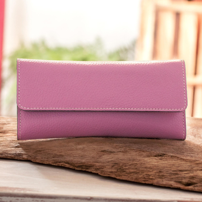 Leather wallet, 'Salvadoran Mauve' - Dusty Rose Leather Tri Fold Wallet With Snap Closure