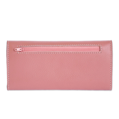 Leather wallet, 'Salvadoran Rosewood' - Rosewood Pink Leather Tri Fold Wallet With Snap Closure