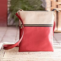 Leather shoulder bag, 'Two Tone to Go' - Red and Ivory Zippered Large Sling Bag with Adjustable Strap