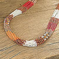 Beaded multi-strand necklace, 'Guatemalan Sun' - Multi-Strand Glass Beaded Long Necklace in Reds and Oranges