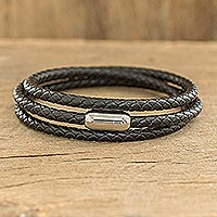 Leather wrap bracelet, 'Winding Pathway' - Black Leather Braided Unisex Wrap Bracelet from Costa Rica