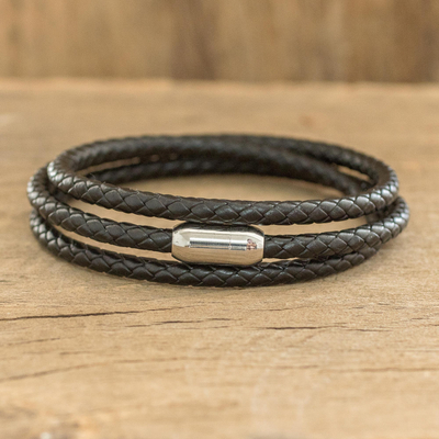 Leather wrap bracelet, 'Winding Pathway' - Black Leather Braided Unisex Wrap Bracelet from Costa Rica