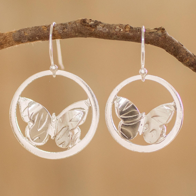 Sterling silver dangle earrings, 'Shimmering Flight' - Sterling Silver Encircled Butterfly Earrings from Costa Rica