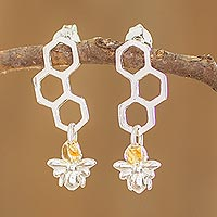 Sterling silver dangle earrings, 'Honeycomb Builders' - Bee and Honeycomb Sterling Silver Earrings from Costa Rica