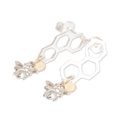 Sterling silver dangle earrings, 'Honeycomb Builders' - Bee and Honeycomb Sterling Silver Earrings from Costa Rica