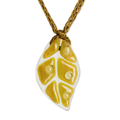 Golden Yellow Glass Leaf Pendant Necklace with Cord