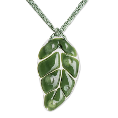 Dark Green Art Glass Leaf Pendant Necklace with Braided Cord