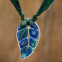 Art glass pendant necklace, 'Blue Rain Forest Drop' - Dark Blue Glass Leaf Pendant Necklace with Ribbon
