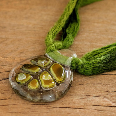 Glass pendant necklace, 'Green Dewdrop Leaf' - Clear Drop Shaped Glass Pendant Necklace with Braided Cord