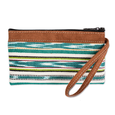 Handwoven Green Cotton Wristlet Bag with Zippered Closure