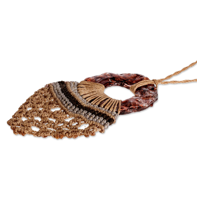 Recycled CD pendant necklace, 'Elegant Weave' - Eco Friendly Recycled CD Brown Macrame Necklace