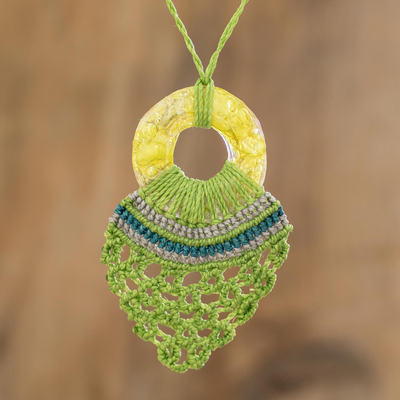 Recycled CD pendant necklace, 'Natural Hope' - Eco Friendly Recycled CD Green Macrame Necklace