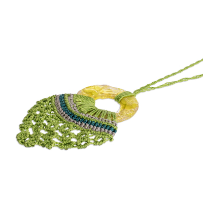 Recycled CD pendant necklace, 'Natural Hope' - Eco Friendly Recycled CD Green Macrame Necklace