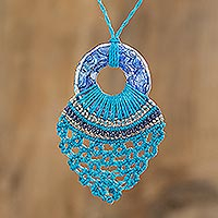 Recycled CD pendant necklace, 'Blue Elegant Weave' - Eco Friendly Recycled CD Blue Macrame Necklace