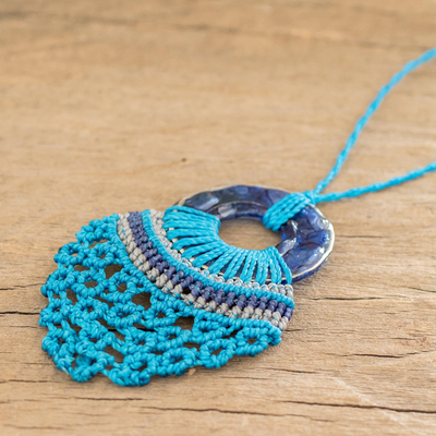 Recycled CD pendant necklace, 'Blue Elegant Weave' - Eco Friendly Recycled CD Blue Macrame Necklace