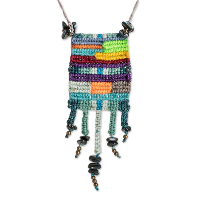 Macrame pendant necklace, 'Knotted Mosaic' - Multi-colored Mosaic-Inspired Macrame Pendant Necklace