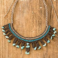 Macrame waterfall necklace, 'Turquoise Feathers' - Turquoise-Accented Brown and Blue Macrame Necklace