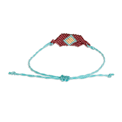 Beaded pendant bracelet, 'Russet and Blue Diamond' - Red and Blue Unisex Glass Beaded Diamond Patterned Bracelet