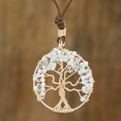 Halskette mit Anhänger aus Kristallperlen - Lebensbaum-Anhänger-Halskette mit Kristallen