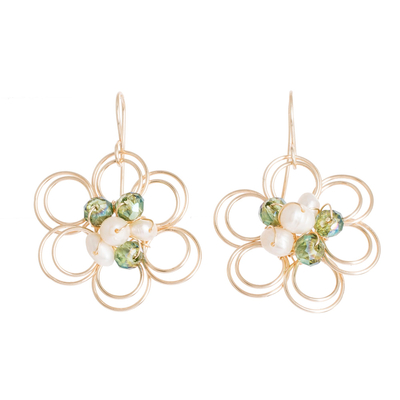 Flower-Shaped Cultured Pearl and Crystal Earrings