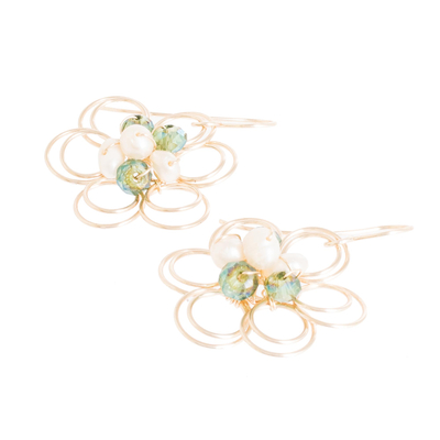 Cultured pearl and crystal beaded dangle earrings, 'Golden Essence' - Flower-Shaped Cultured Pearl and Crystal Earrings