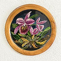 Cedar decorative plate, 'Violet Orchids' - Cedar Wood Hand-Painted Decorative Plate from Costa Rica