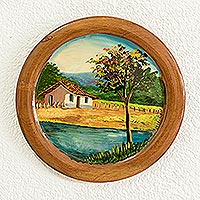 Cedar decorative plate, 'Country Home' - Costa Rica Cottage Hand-Painted Cedar Decorative Plate