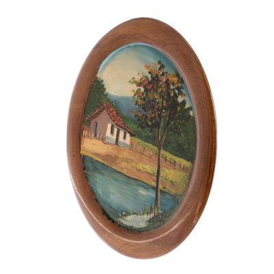 Cedar decorative plate, 'Country Home' - Costa Rica Cottage Hand-Painted Cedar Decorative Plate