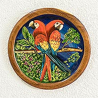 Cedar decorative plate, 'Bright Scarlet Macaws' - Cedar Wood Hand-Painted Decorative Plate from Costa Rica