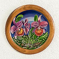 Cedar decorative plate, 'Midnight Orchids' - Cedar Wood Hand-Painted Decorative Plate from Costa Rica