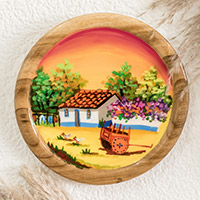 Cedar decorative plate, 'Costa Rican Farm' - Cedar Wood Hand-Painted Decorative Plate from Costa Rica