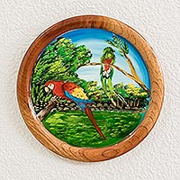 Cedar decorative plate, 'Quetzal and Macaw' - Cedar Wood Hand-Painted Decorative Plate from Costa Rica