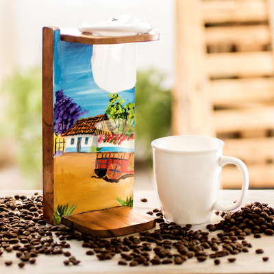 Holzständer für Tropfkaffee für eine Portion, „Costa Rica Morning“. - Chorreador Kaffeemaschine mit Landschaftsmotiv aus Costa Rica