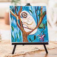 Painting with wood easel, 'Sloth' - Signed Original Oil Painting with Easel