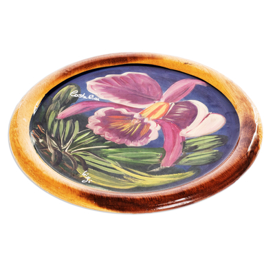 Decorative wood plate, 'Orchid at Dusk - Hand-Painted Decorative Wood Plate