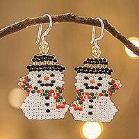 Beaded dangle earrings 'Snowman Smile' - colourful Handmade Beaded Snowman Christmas Earrings