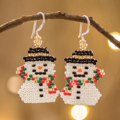 Beaded dangle earrings, 'Snowman Smile' - colourful Handmade Beaded Snowman Christmas Earrings