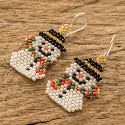Beaded dangle earrings, 'Snowman Smile' - colourful Handmade Beaded Snowman Christmas Earrings