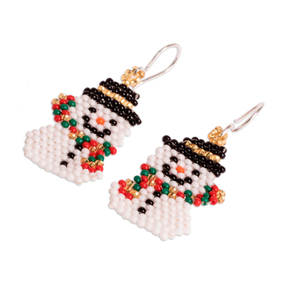 Beaded dangle earrings, 'Snowman Smile' - Colorful Handmade Beaded Snowman Christmas Earrings