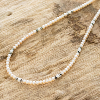 Cultured pearl strand necklace, 'Costa Rican Rose' - Rose and White Cultured Pearl and Sterling Silver Necklace