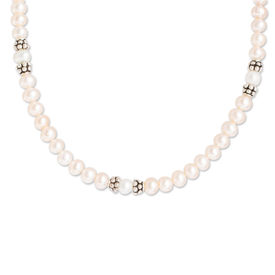 Cultured pearl strand necklace, 'Costa Rican Rose' - Rose and White Cultured Pearl and Sterling Silver Necklace