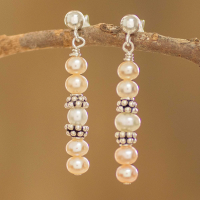 Aretes colgantes de perlas cultivadas - Aretes de perlas cultivadas rosas y blancas con plata de ley
