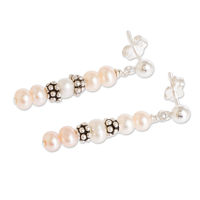 Cultured pearl dangle earrings, 'Costa Rican Rose' - Rose and White Cultured Pearl Earrings with Sterling Silver