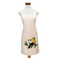 Cotton applique apron, 'Rain Forest Toucan' - Cotton Canvas Toucan Applique Bib & Pocket Apron
