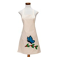Cotton applique apron, 'Butterfly Blues' - Cotton Canvas Butterfly Applique Bib & Pocket Apron