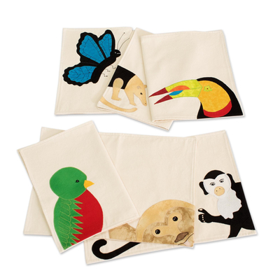 Cotton applique placemats, 'Rain Forest Friends' (set of 6) - 6 Cotton Canvas Applique Animal Theme Placemats